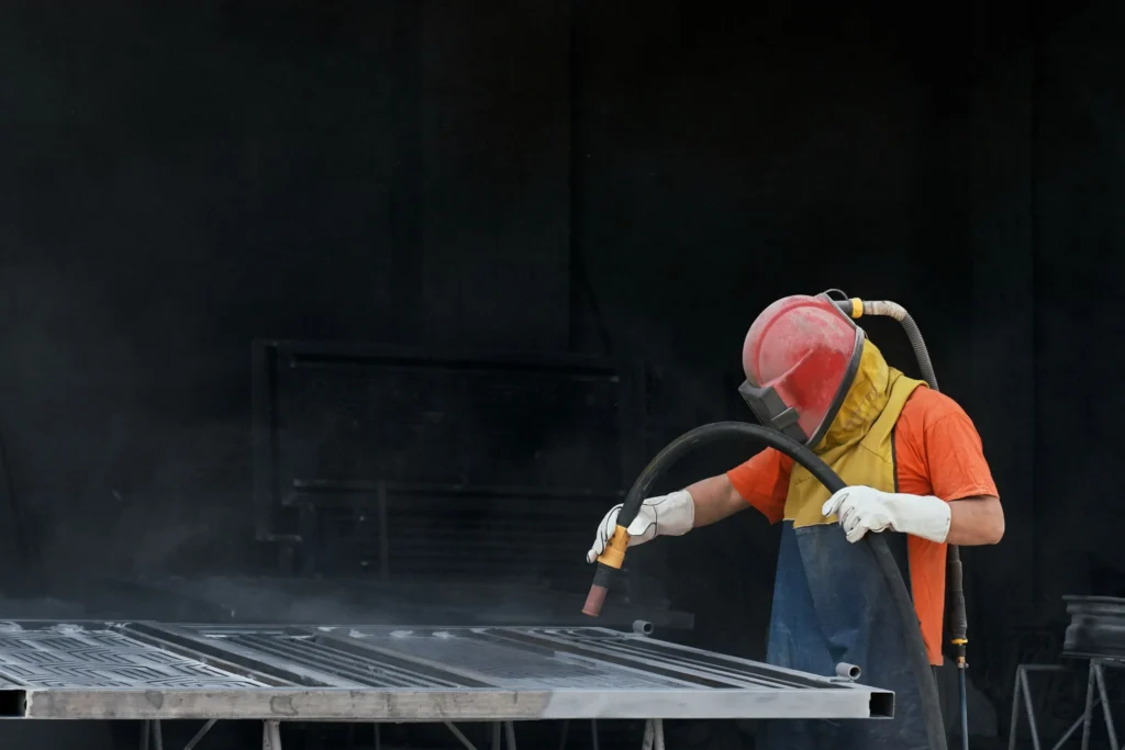 Current image: Technician operating mobile blasting equipment during on-site surface restoration in Alberta