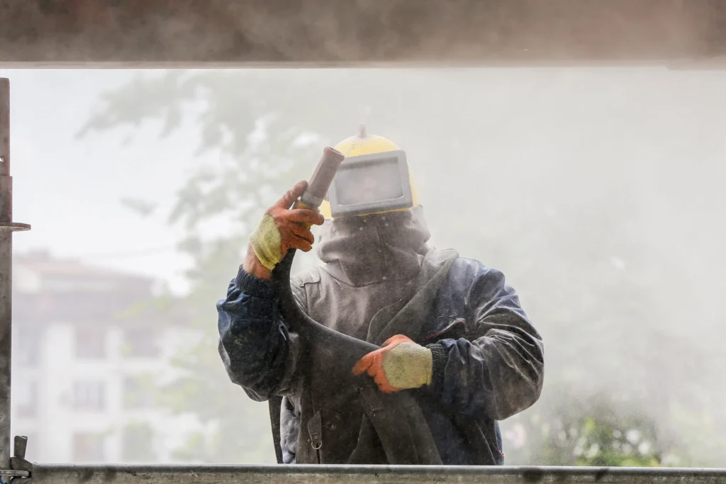 Current image: Side-by-side comparison of DIY sandblasting setup and professional blasting equipment in Alberta